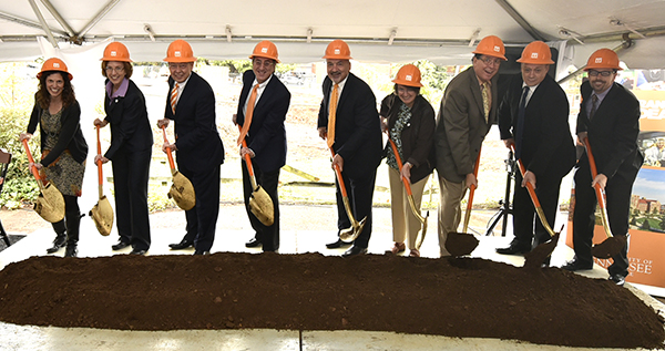 From left to right, Deb Welsh, head of the Department of Psychology; Theresa Lee, dean of the College of Arts and Sciences; Chancellor Jimmy G. Cheek; Michael Mossman; Bob Rider, dean of the College of Education, Health, and Human Sciences; Chris Boake, associate dean of the College of Arts and Sciences; Dan Roberts, head of the Department of Biochemistry and Cellular and Molecular Biology; Steve Wilhelm, microbiology faculty and Kenneth and Blaire Mossman Professor; and Dallas Donohoe, faculty member in the Department of Nutrition.